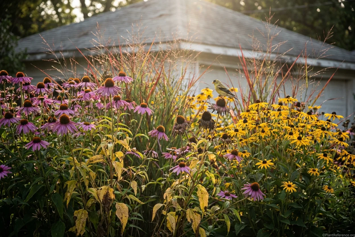 Purple coneflowers and gold black-eyed Susans planted in front of red-tipped switchgrass