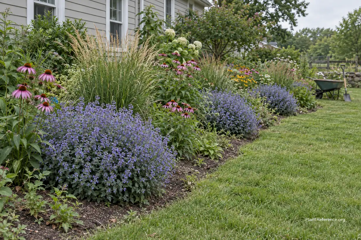 Long mixed perennial border with repeated groups of catmint and grasses creating visual rhythm