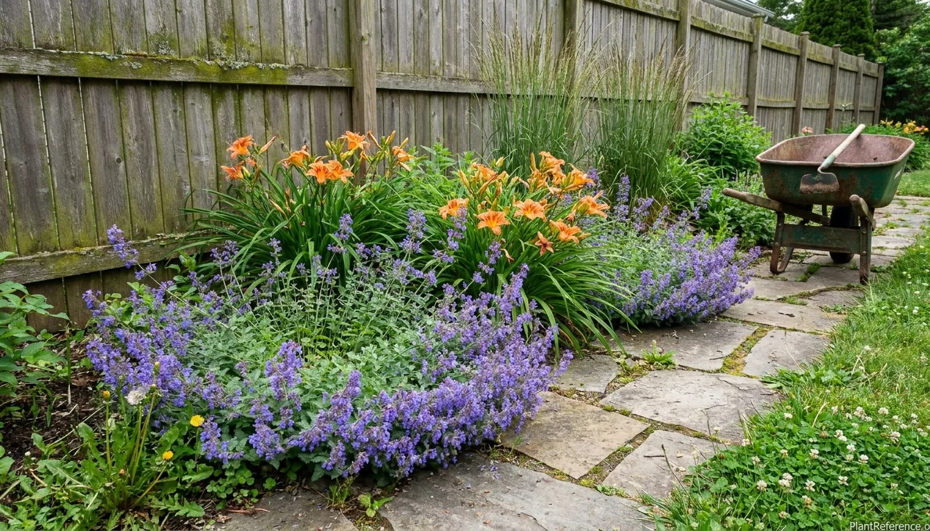 Mixed perennial border with catmint, daylilies and ornamental grasses showing companion planting combinations