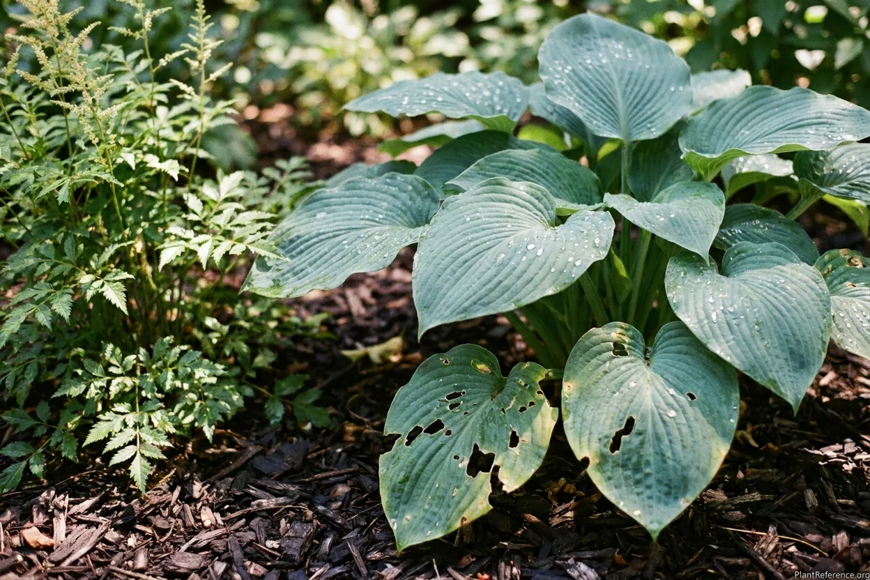 Bold blue hosta leaves growing beside fine ferny astilbe foliage showing texture contrast