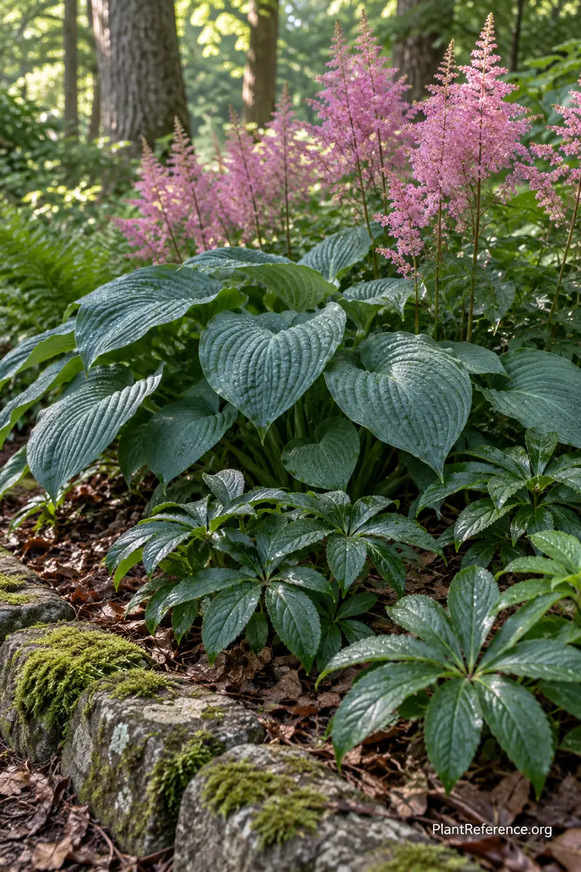 Blue hosta, pink astilbe plumes and leathery hellebore foliage combined in a shaded border