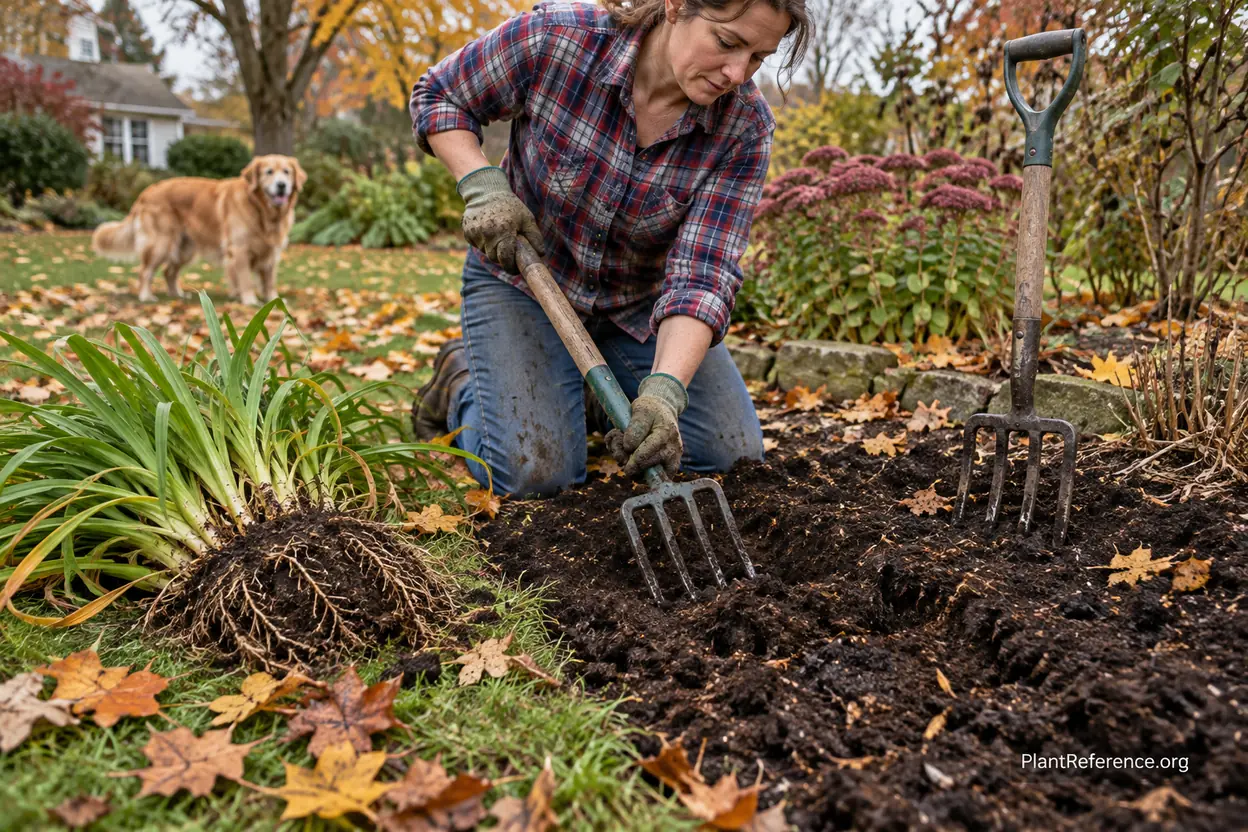 Gardener amending soil with compost after dividing a perennial clump to keep the bed productive
