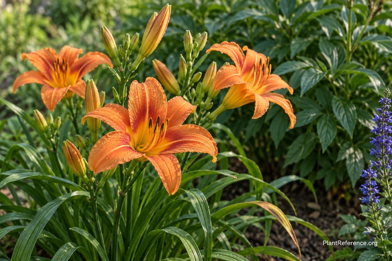 Backbone perennials with orange daylilies blooming as peony foliage anchors an early summer border