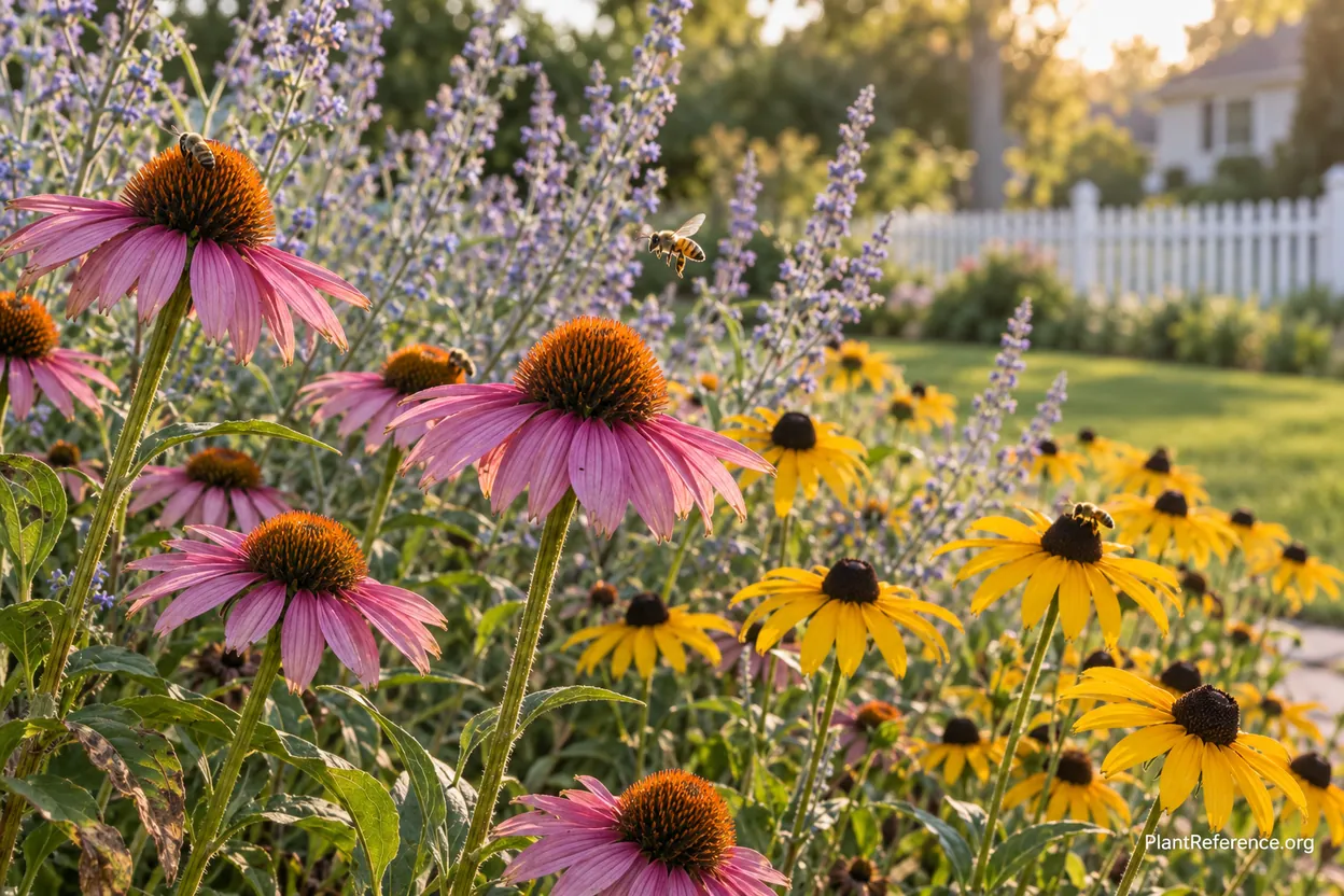 Late-summer perennial border with purple coneflowers and golden black-eyed Susans filling the seasonal gap