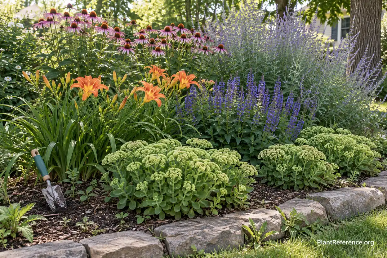 Layered perennial bed design with tall coneflowers at back, mid-height daylilies, and low sedum edging