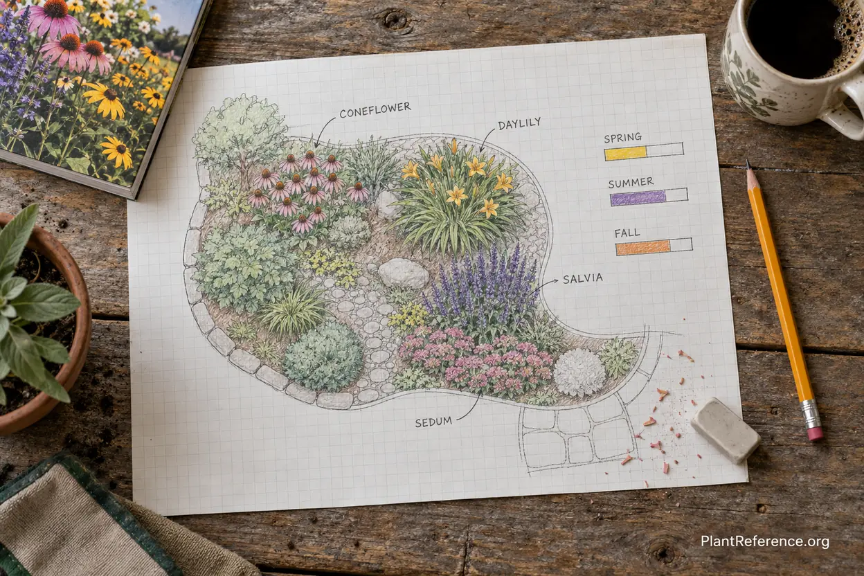 Garden planning sketch mapping perennial bloom times from spring through fall on graph paper