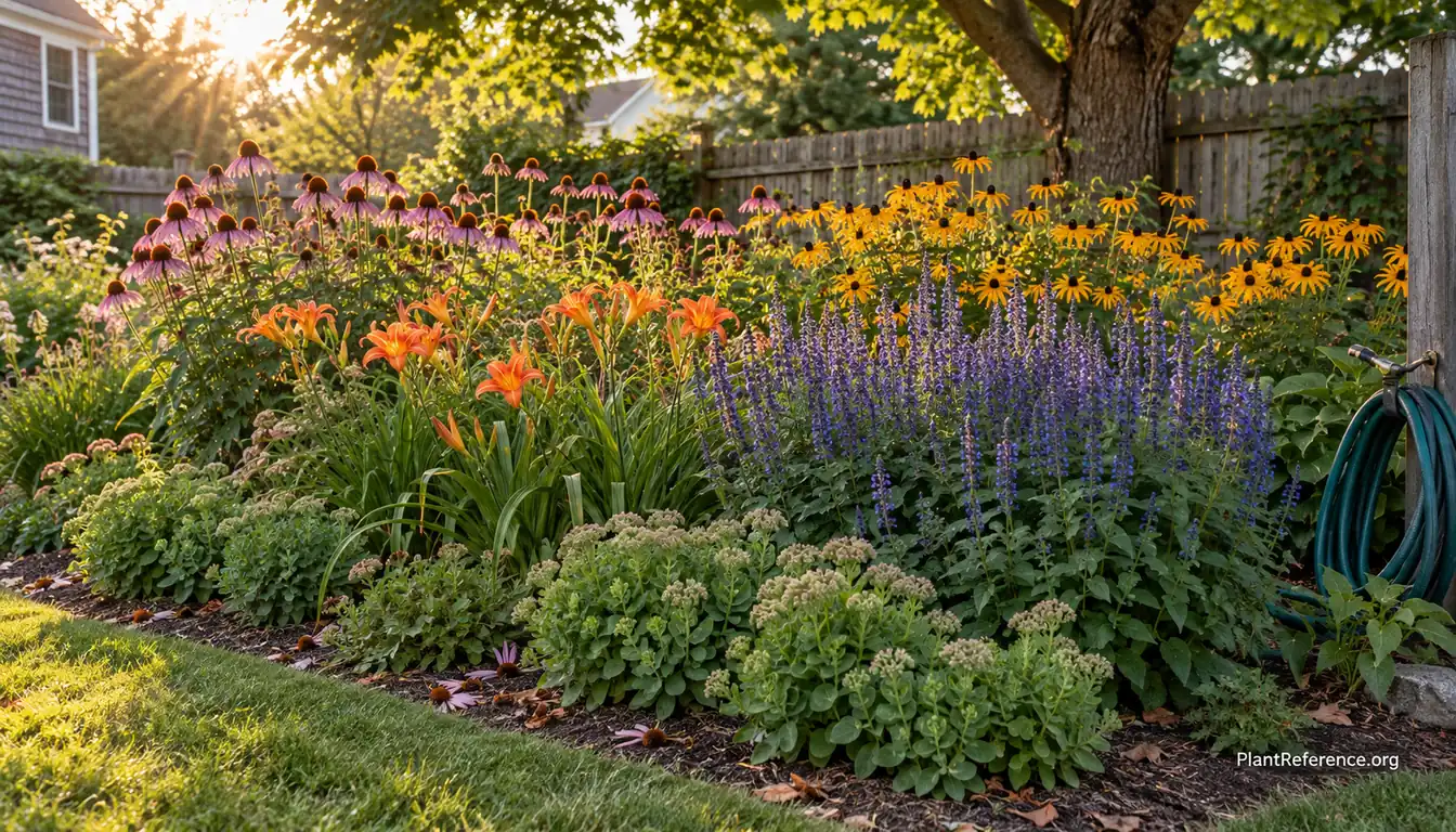 Layered perennial garden border blooming with coneflowers, daylilies, and salvia from spring through fall
