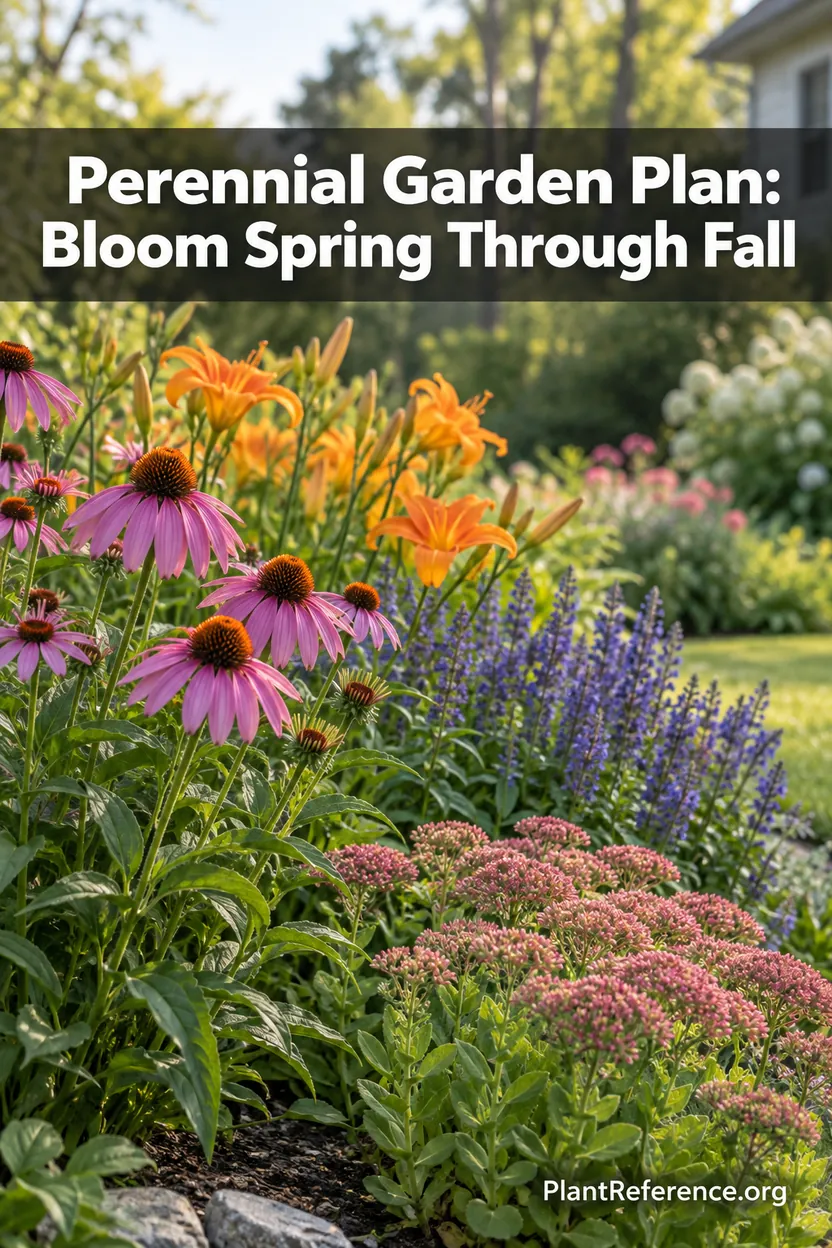 Perennial garden plan for continuous bloom spring through fall with staggered flowering species