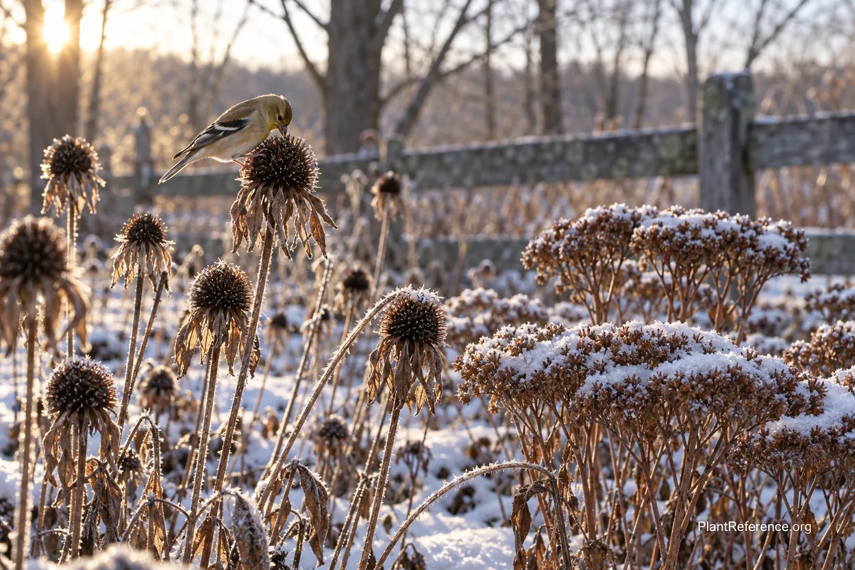 Winter perennial garden with standing coneflower seed heads and sedum catching light snow