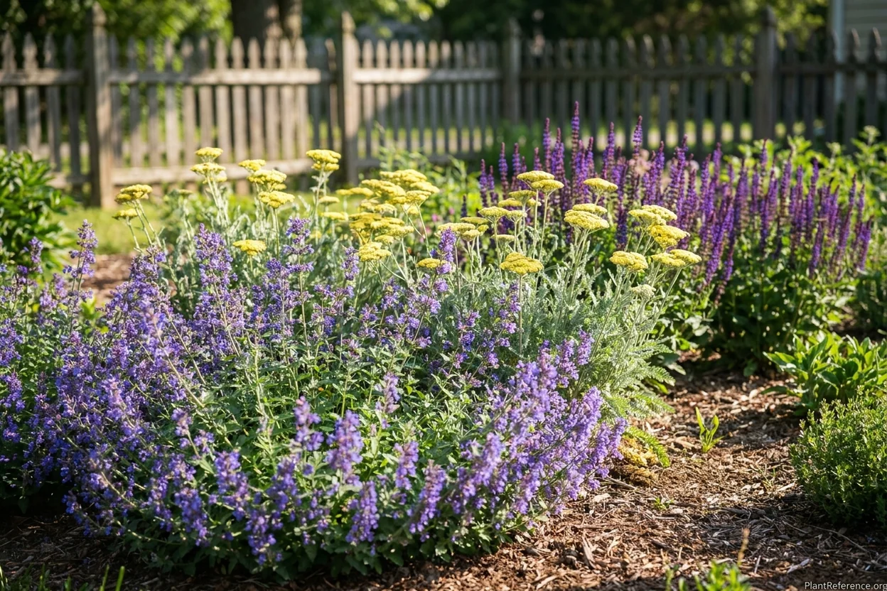Catmint yarrow and salvia planted together in a sunny long-blooming perennial bed