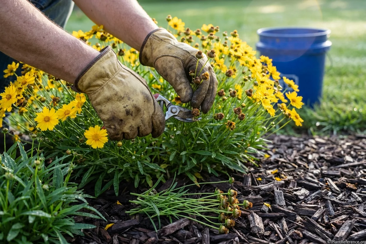 Gardener deadheading spent coreopsis blooms to extend the summer flowering season