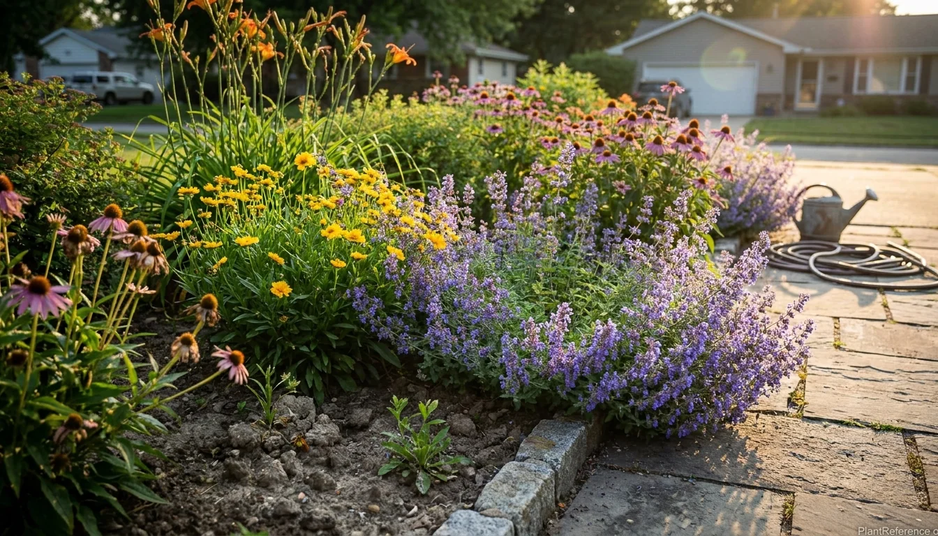 Mixed perennial border with catmint, coreopsis and coneflowers blooming all summer in a home garden