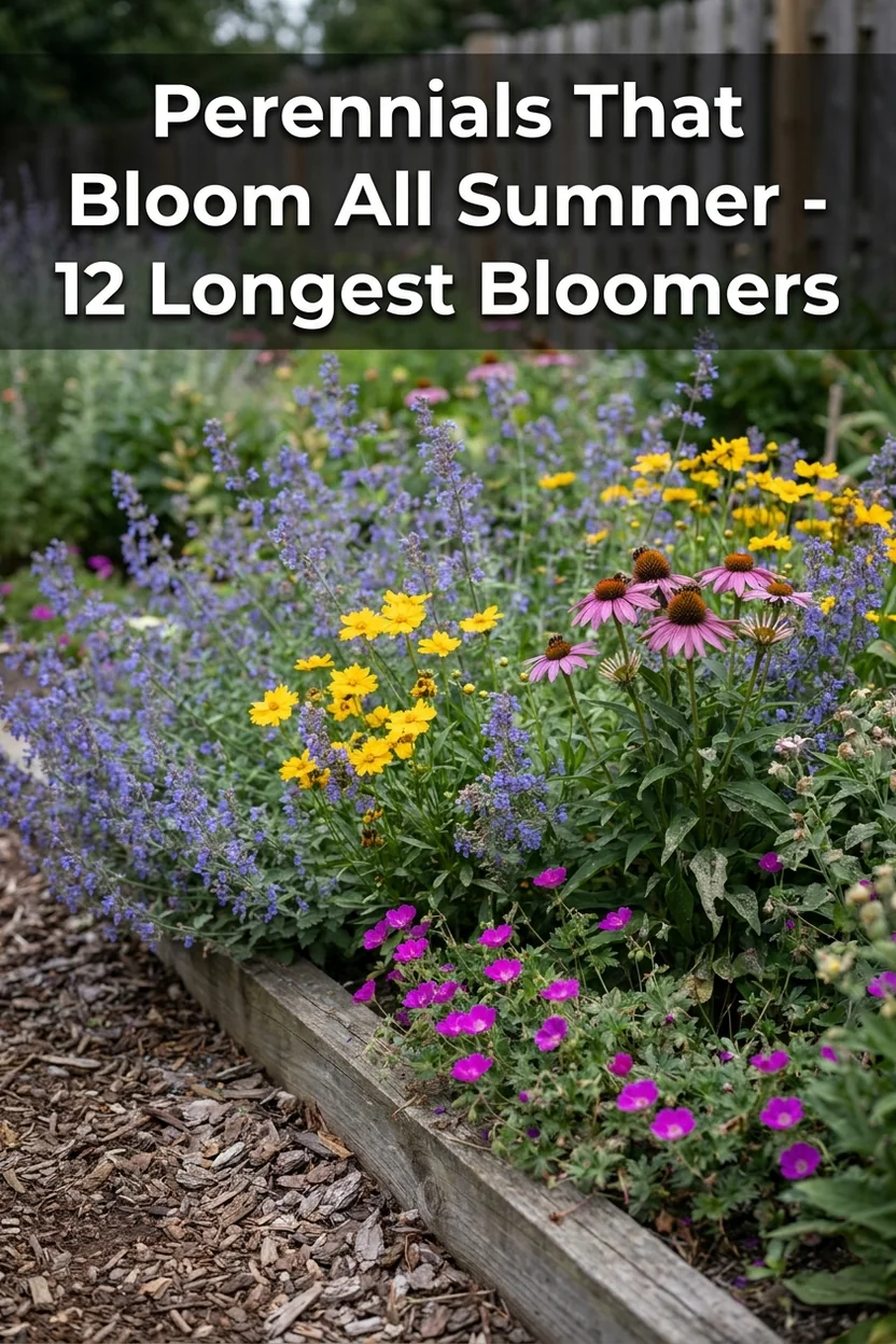 Long blooming summer perennials including catmint coreopsis and geranium in a sunny garden bed