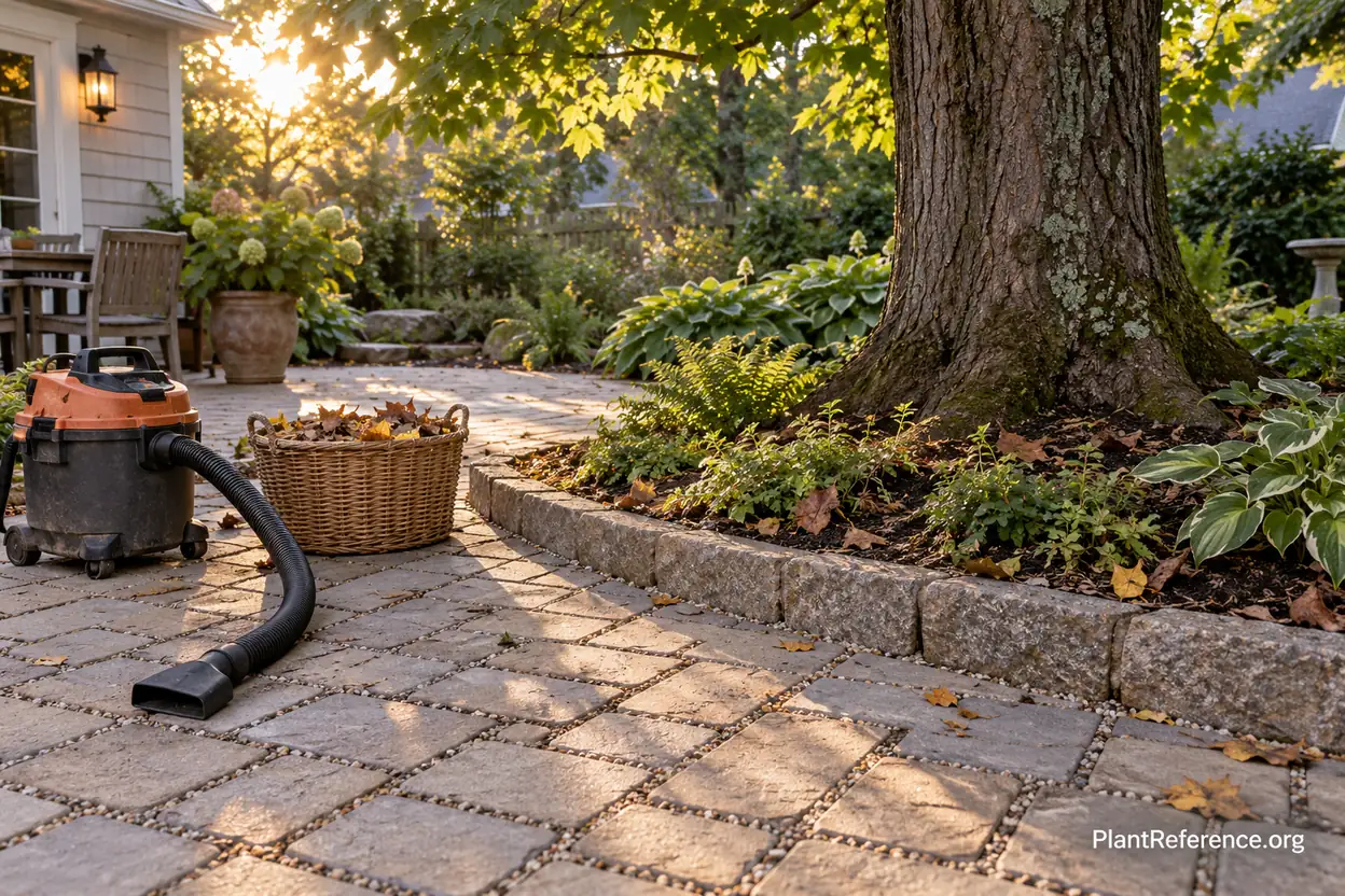 Permeable patio coordinated with tree roots shade and garden soil