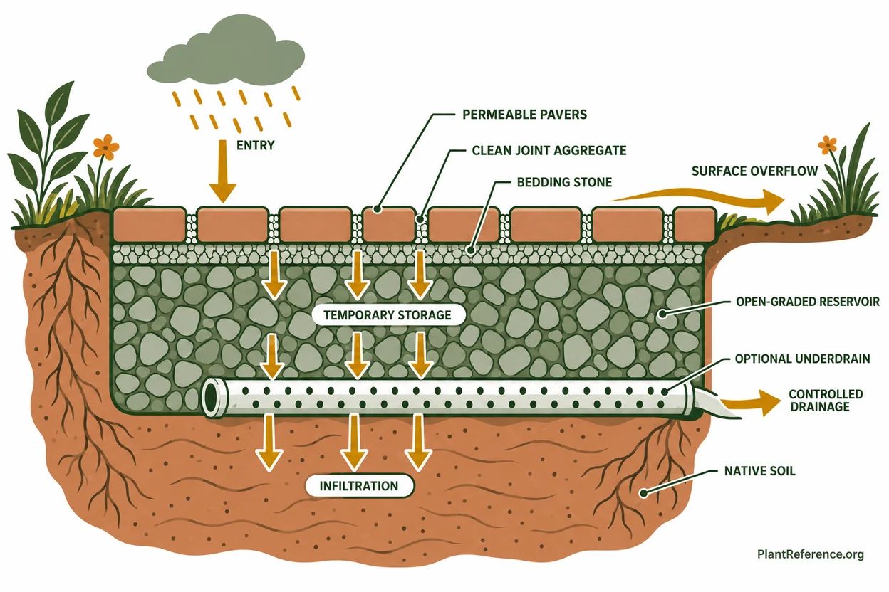 Water path through permeable pavers into stone storage and soil