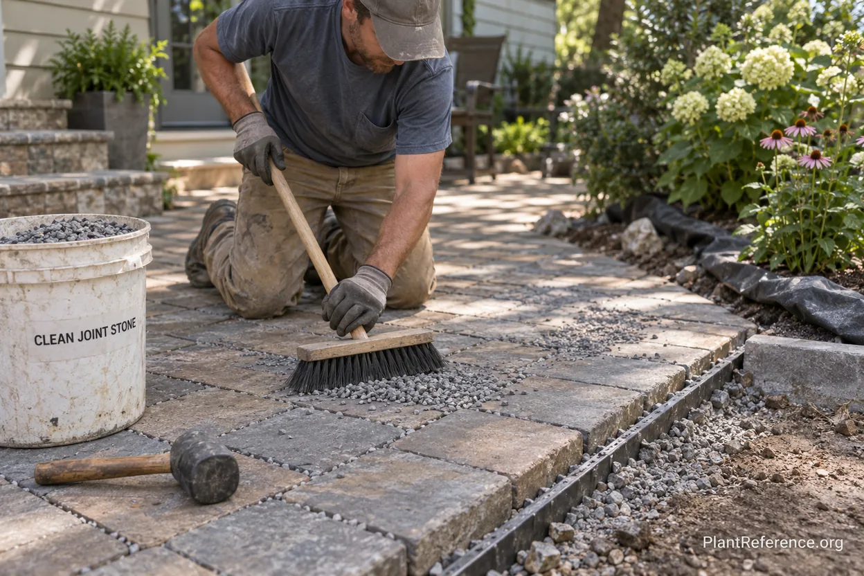 Clean joint aggregate installed between permeable concrete pavers