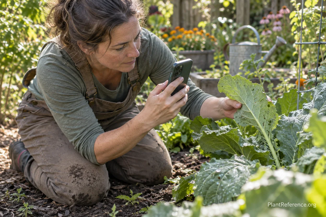 Person photographing the underside of a leaf with a smartphone to improve plant identification app accuracy