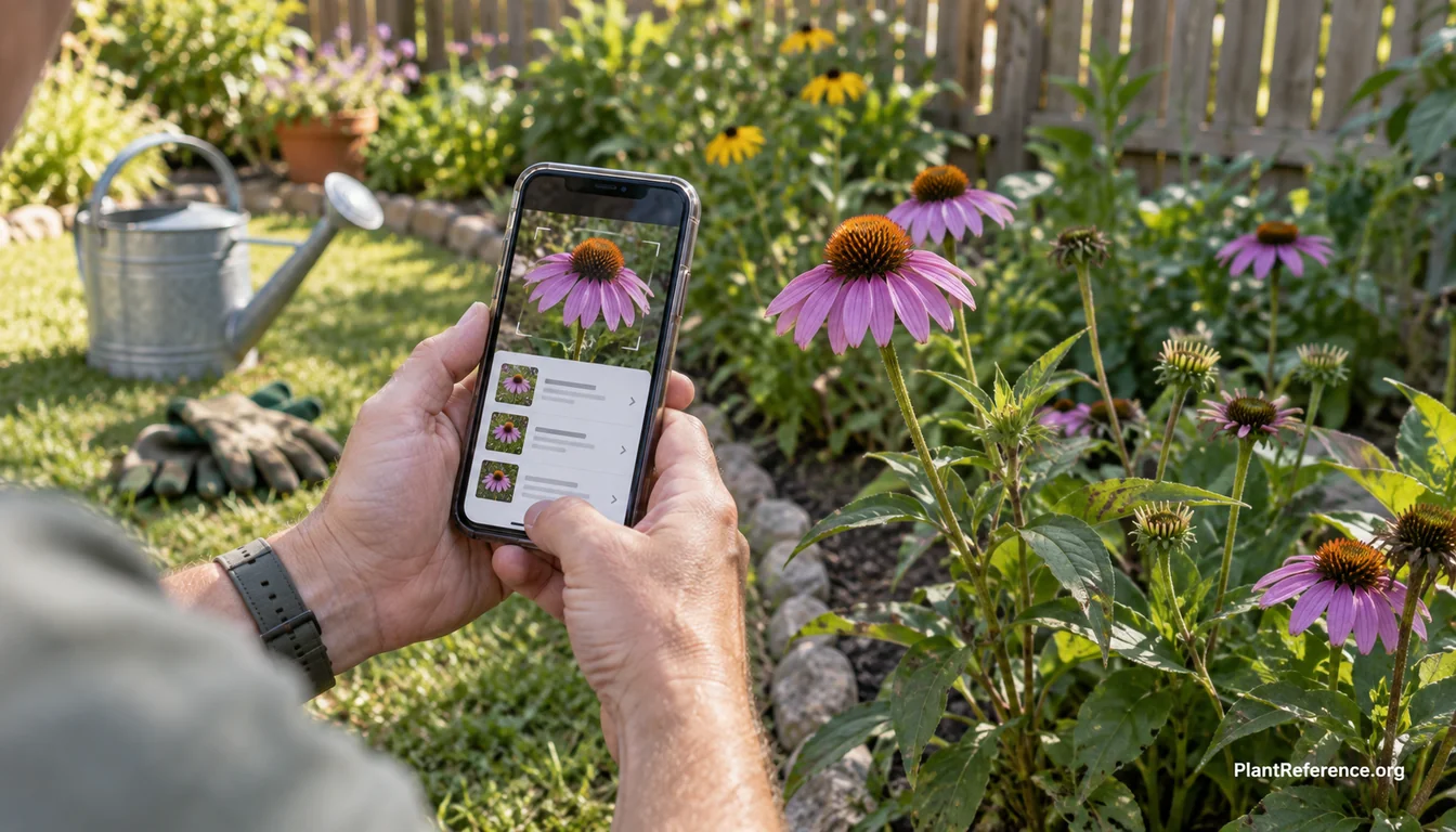 Smartphone running a plant identification app aimed at a flowering plant to test accuracy in a garden