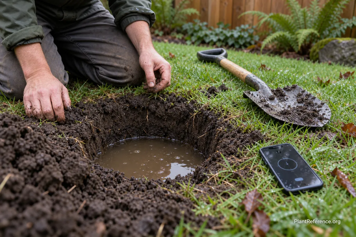 Percolation test in a Pacific Northwest garden to diagnose poor drainage and hardpan