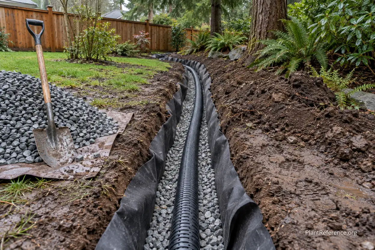 French drain with perforated pipe and gravel installed on a sloped Pacific Northwest garden