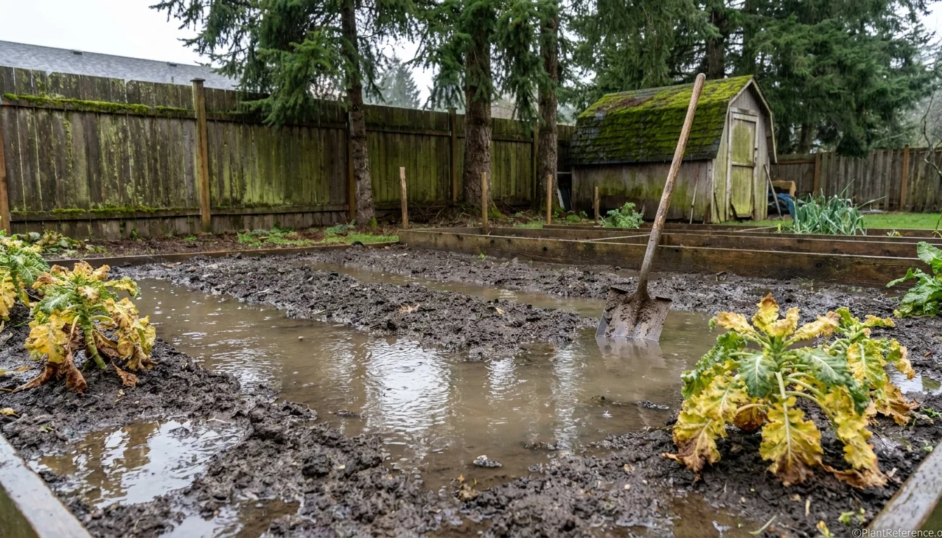 Standing water pooling in a Pacific Northwest garden bed over compacted glacial till hardpan