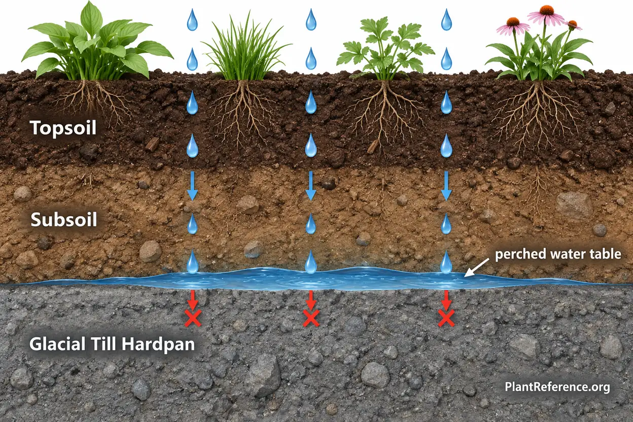 Soil cross-section showing water trapped above a glacial till hardpan layer in a PNW garden