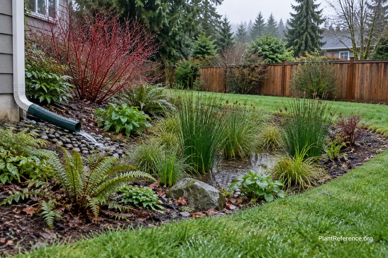 PNW rain garden with native sedges and shrubs capturing roof and driveway runoff