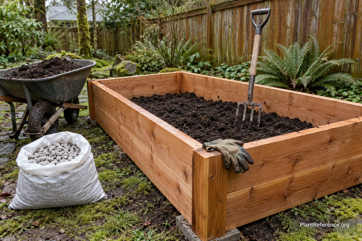Cedar raised bed filled with free-draining soil to solve PNW hardpan drainage problems
