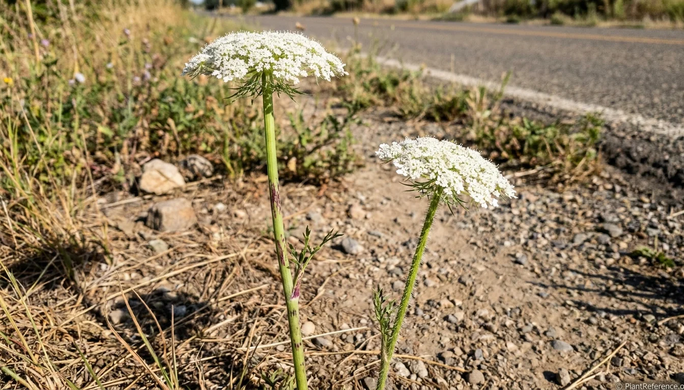 Poison hemlock with purple-blotched stem next to Queen Anne's lace with hairy green stem for identification