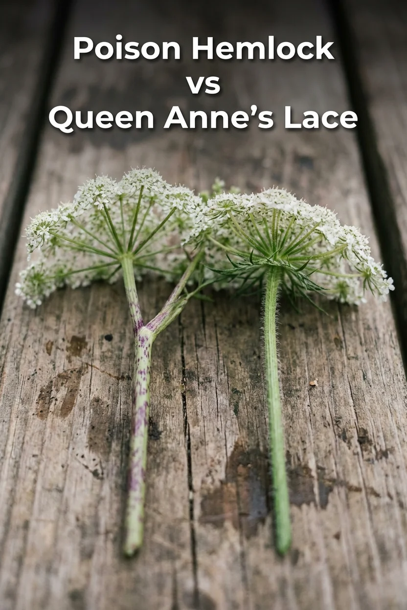 Poison hemlock vs Queen Anne's lace identification chart showing stem, hair, and flower differences