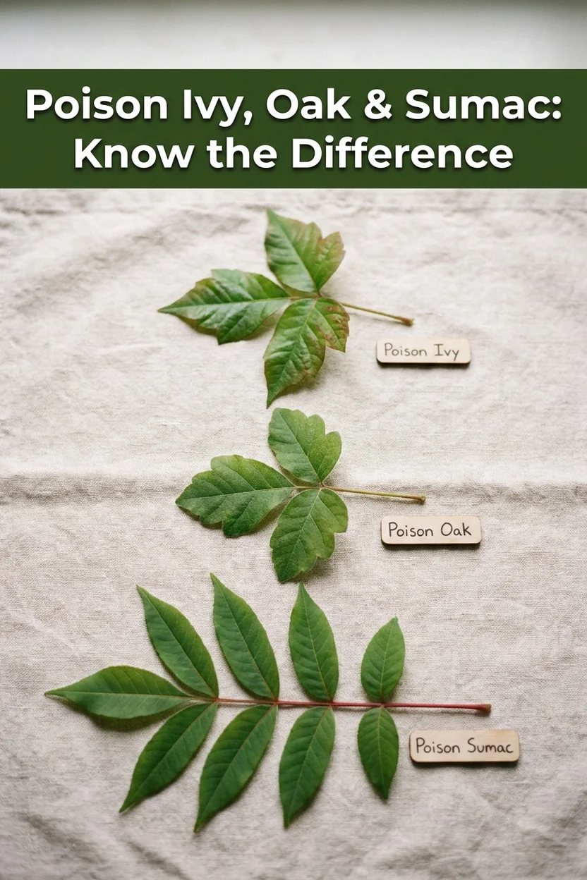 Visual guide to identifying poison ivy, poison oak, and poison sumac leaves and habitats