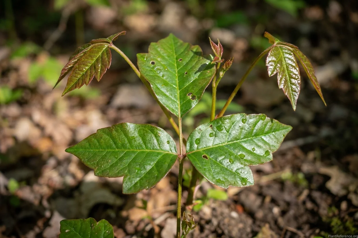 Poison ivy close-up showing three leaflets with the terminal leaflet on a longer stalk