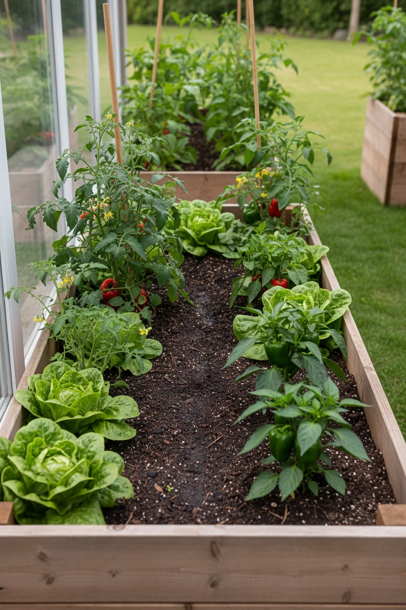 Healthy raised bed vegetables growing in well-draining soil after drainage fixes
