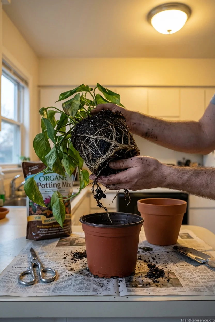 Removing overwatered pothos showing black roots and waterlogged soil