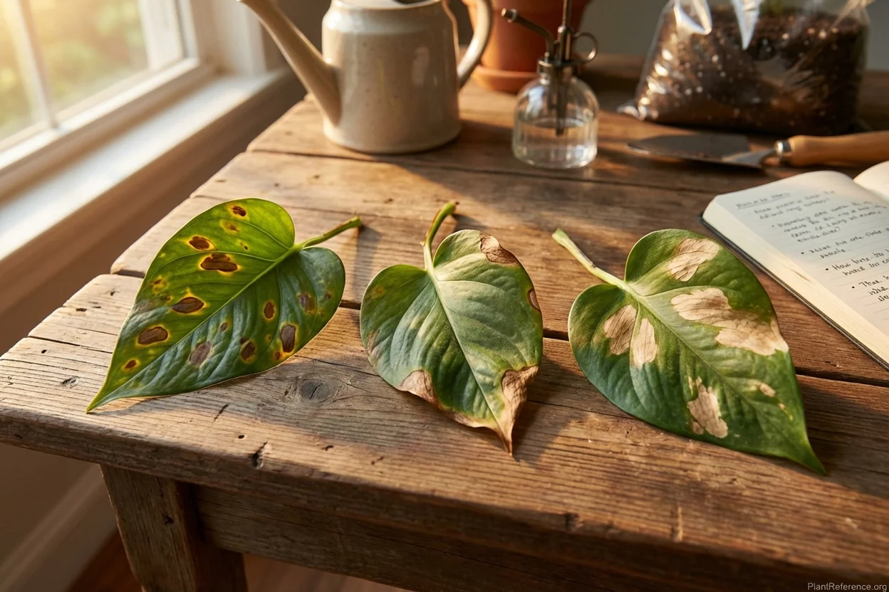 Comparison of overwatering spots versus water quality damage versus sunburn on pothos leaves