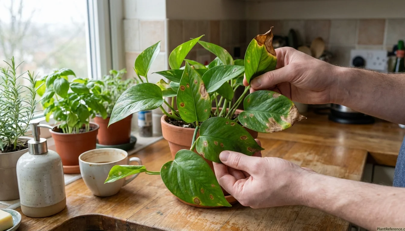 Pothos leaves with brown spots and crispy tips being examined for proper diagnosis