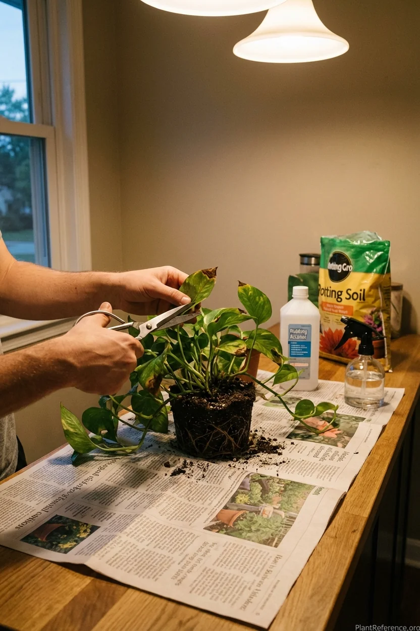 Emergency treatment for pothos brown spots showing pruning and root inspection steps