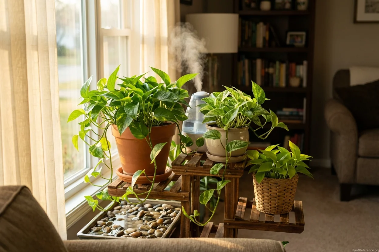 Multiple pothos plants grouped with humidifier to increase humidity and prevent brown tips