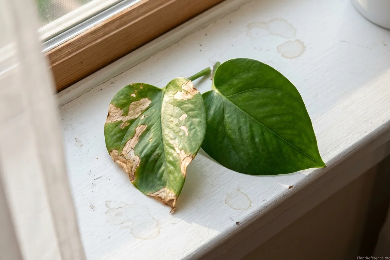 Pothos leaf with sunburn damage compared to healthy leaf showing light requirements