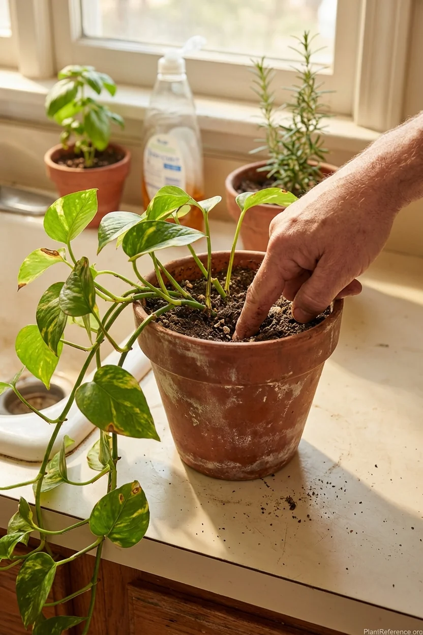 Hand testing pothos soil moisture by inserting finger into potting soil to check when to water
