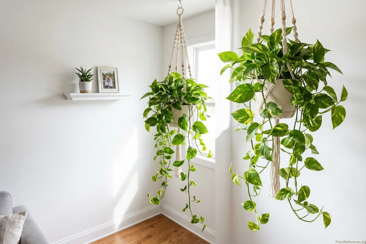 Golden pothos displayed in macrame hanging planter with long trailing vines showing hanging display option