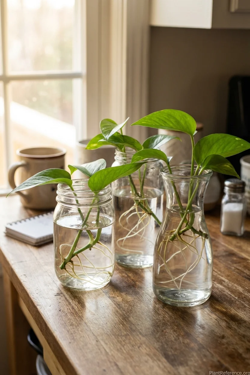 Pothos cuttings in glass containers showing white root development from water propagation method