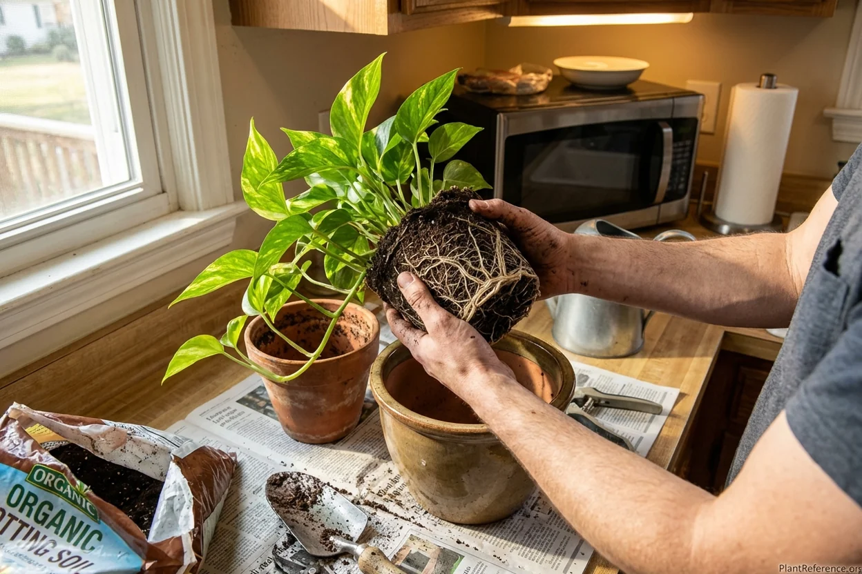 Hands repotting rootbound pothos plant into larger container with fresh potting soil mix