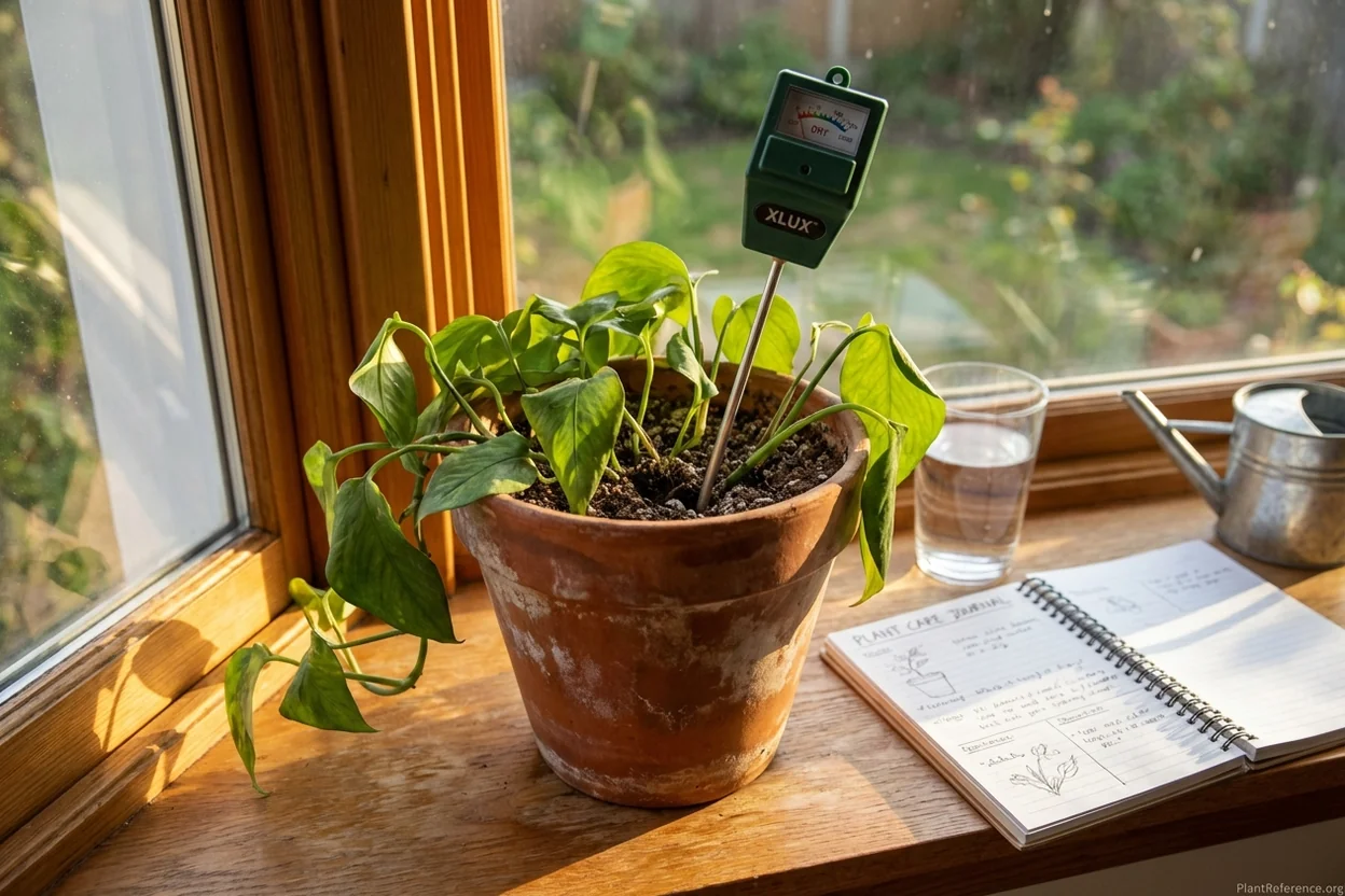 XLUX soil moisture meter inserted into pothos pot showing dry reading
