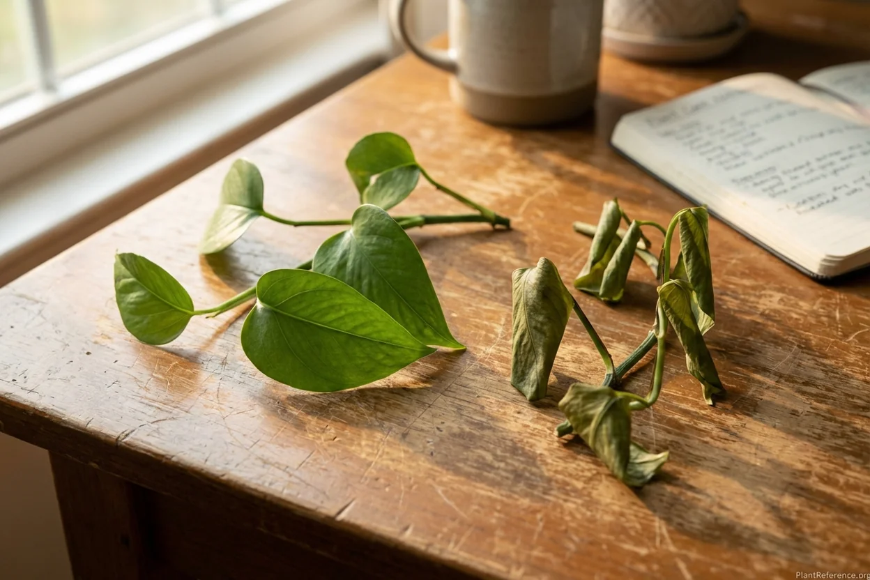 Side-by-side comparison of healthy flat pothos leaves and stressed curled leaves showing difference