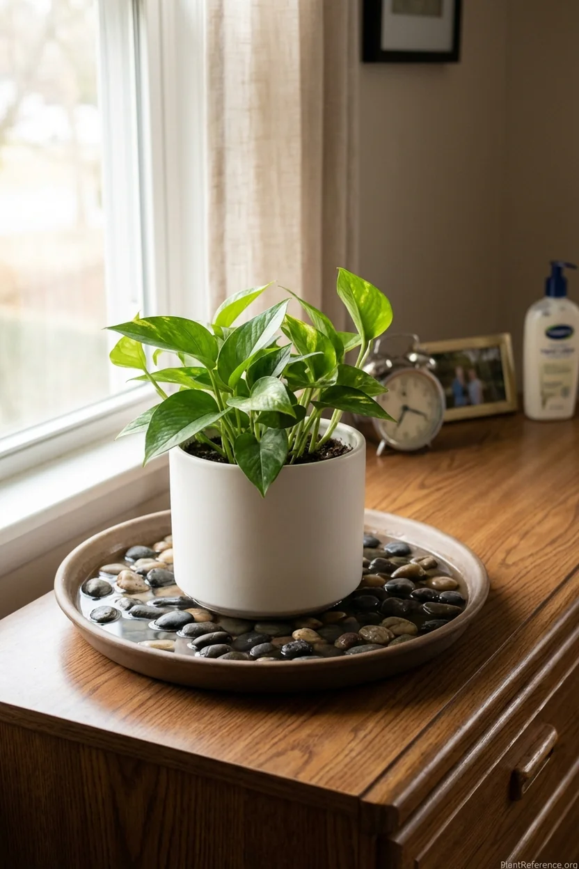 Pothos plant positioned on pebble tray with water for increased humidity around leaves