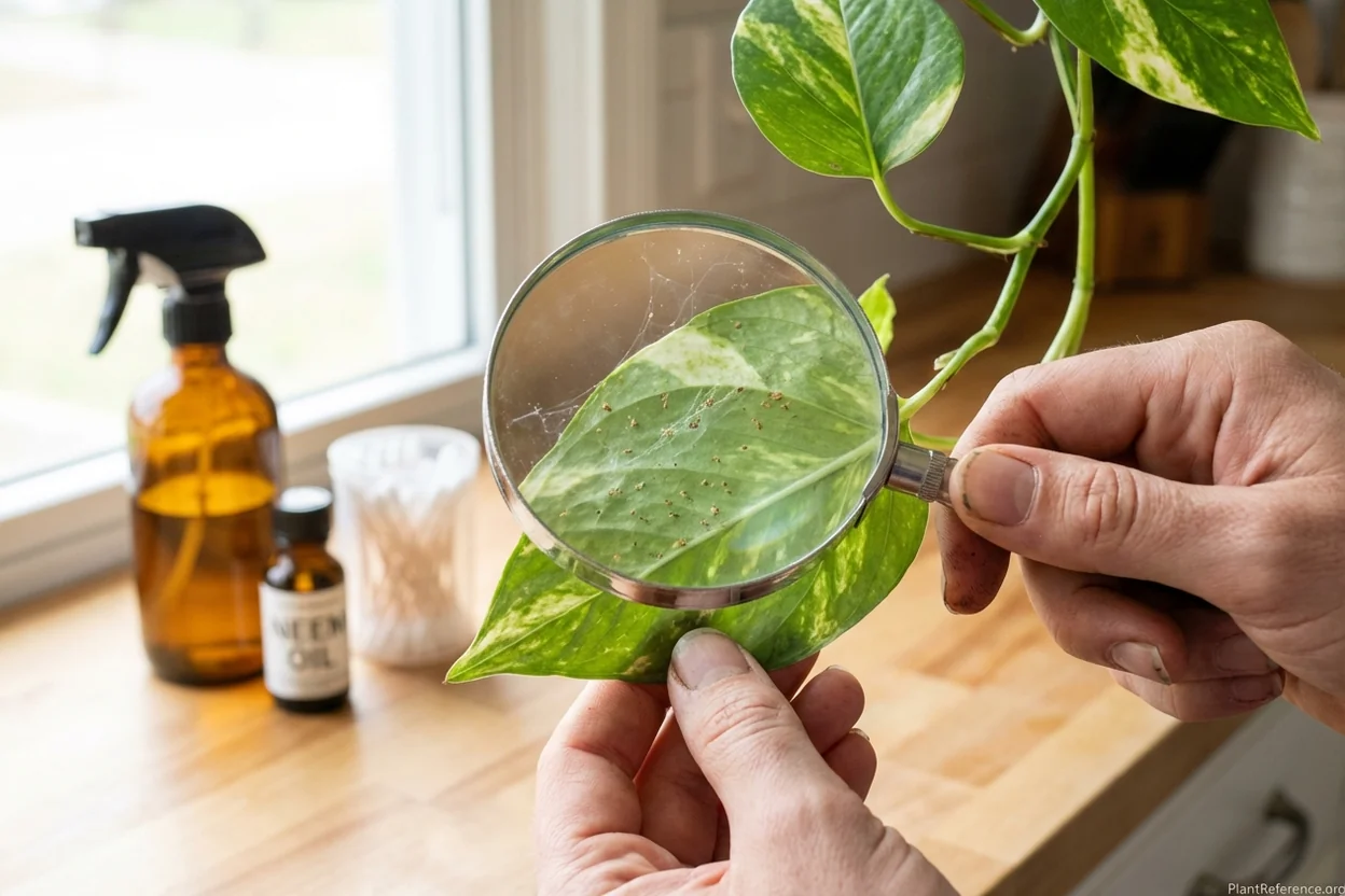 Person using magnifying glass to inspect pothos leaf undersides for spider mites and pest damage