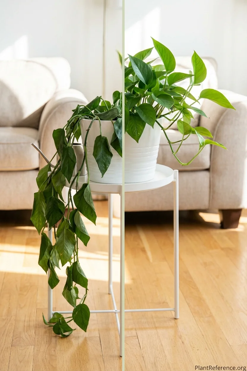 Pothos recovery from drooping showing before wilted state and after perky leaves