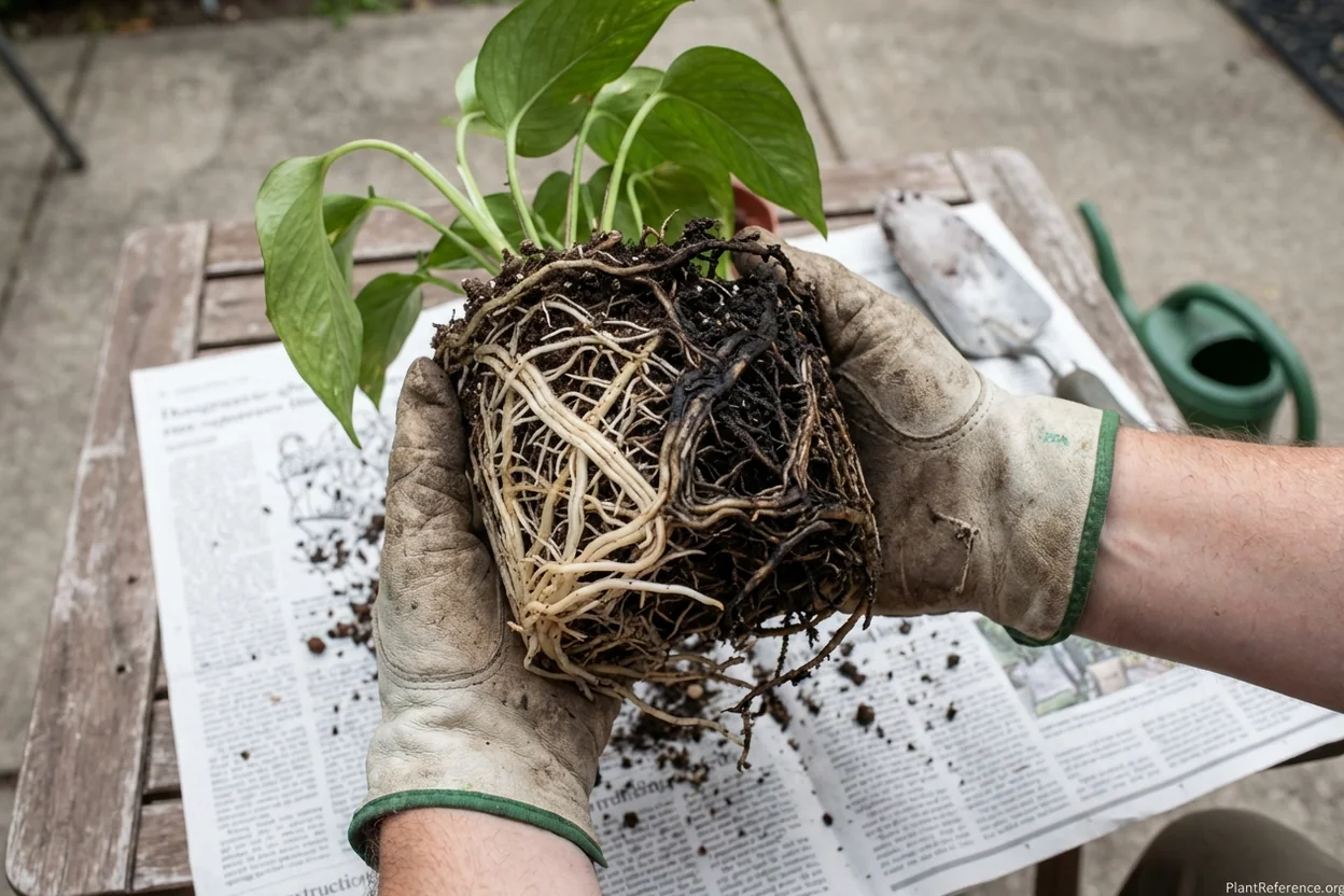 Comparing healthy white pothos roots with black rotted roots from overwatering