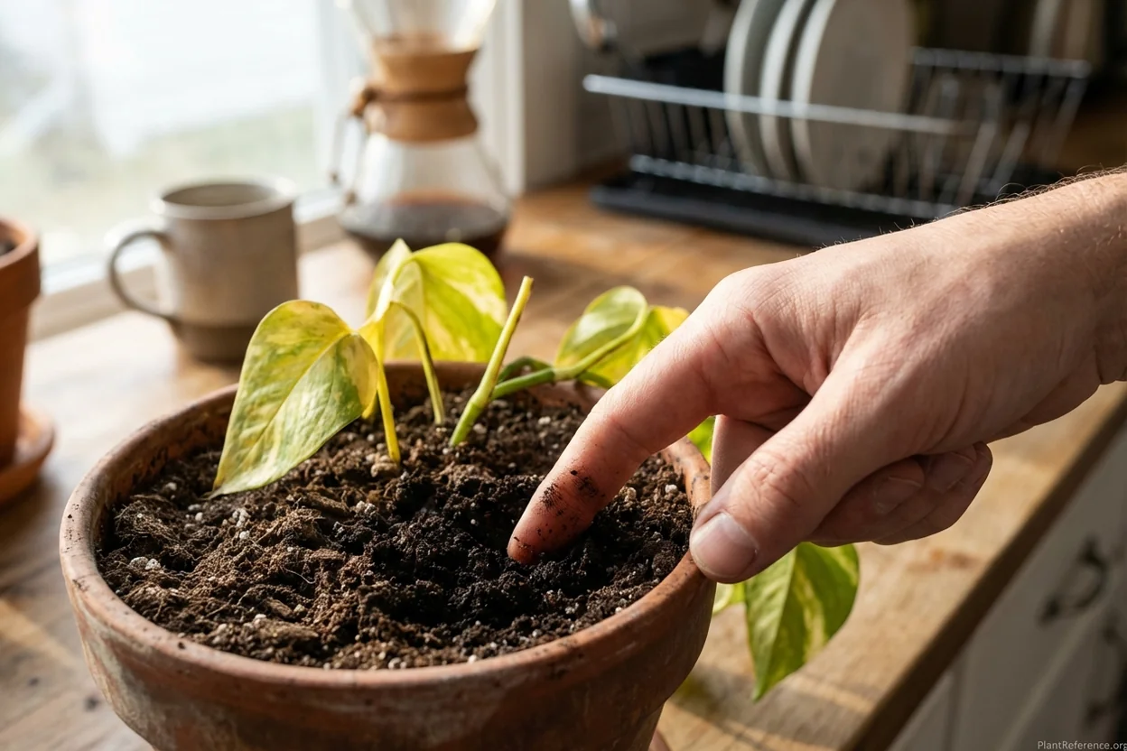 Hand performing finger test checking soil moisture 2 inches deep in pothos pot
